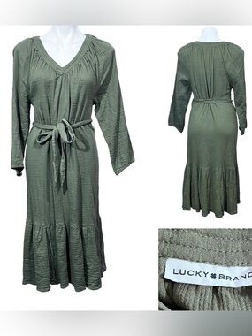 Lucky Brand midi dress sz M Olive green 3/4 sleeve V-Neck Belted casual office